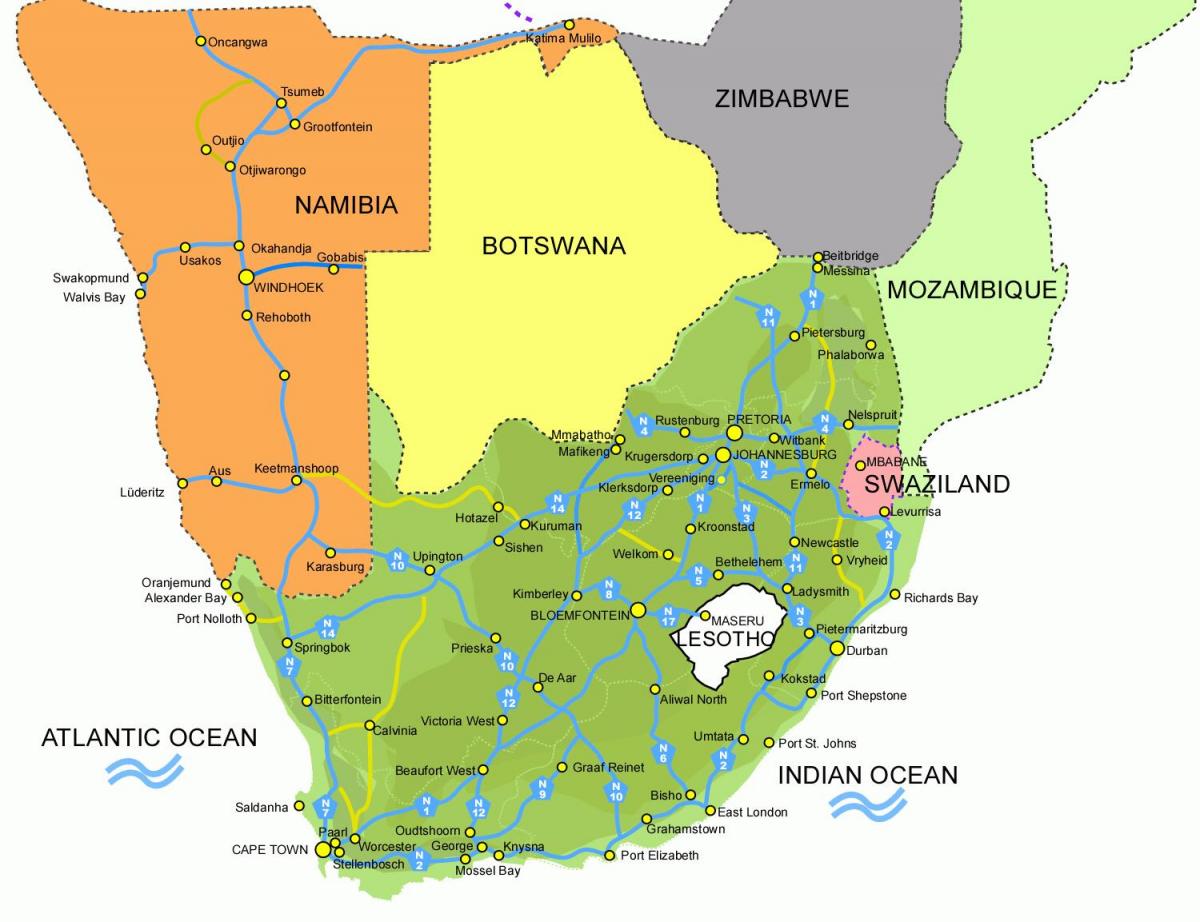 mapa de Lesoto e áfrica do sul